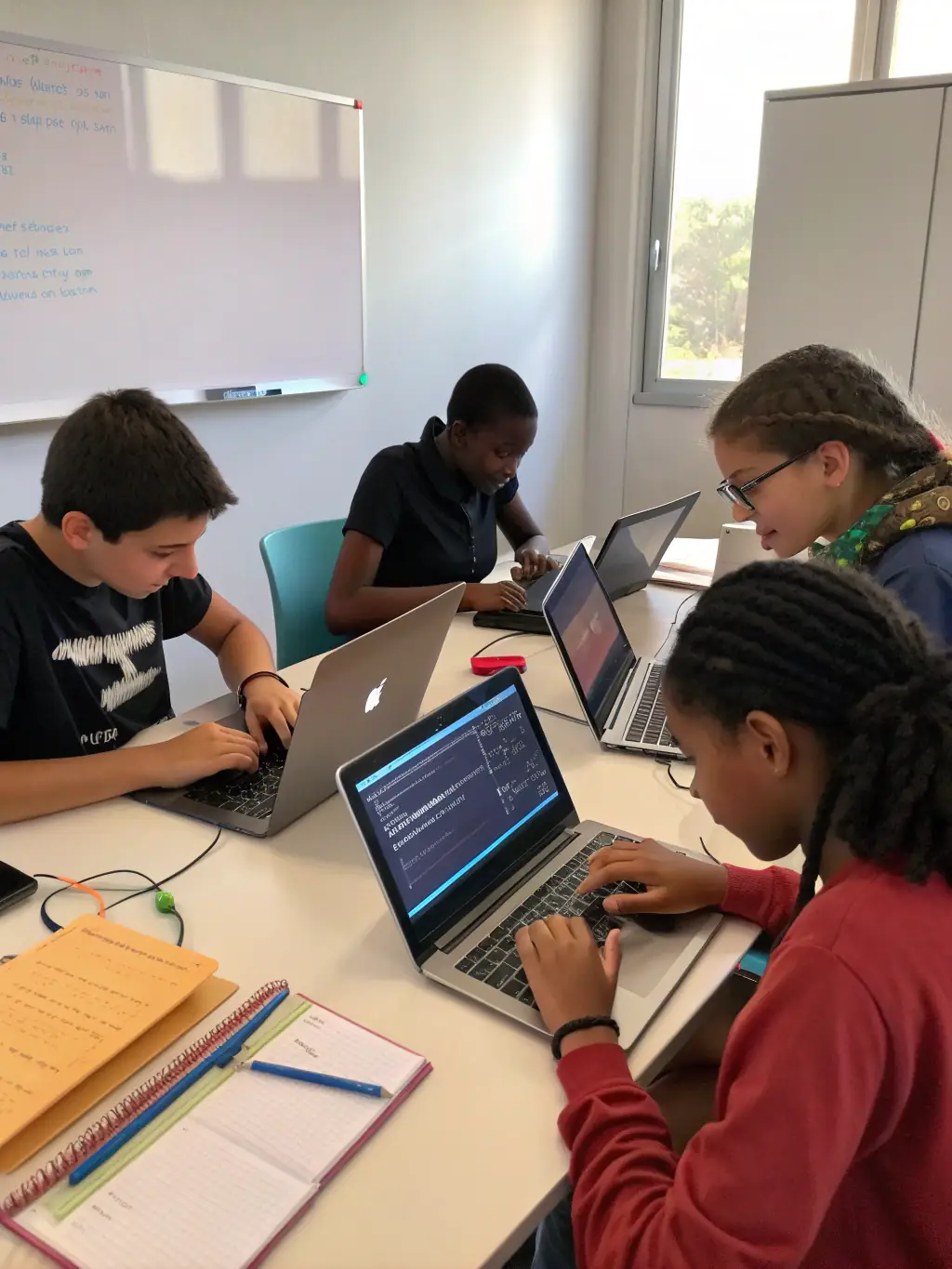 A collaborative workshop where young participants are learning about game development and esports strategy, emphasizing digital skills and innovation.