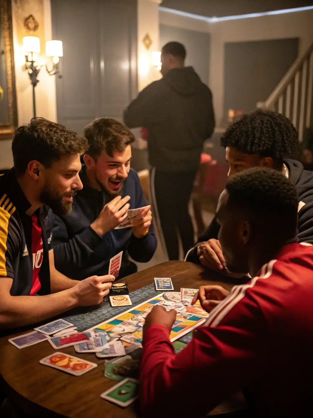 A group of young esports players collaborating during a team strategy session, focused on teamwork and communication.