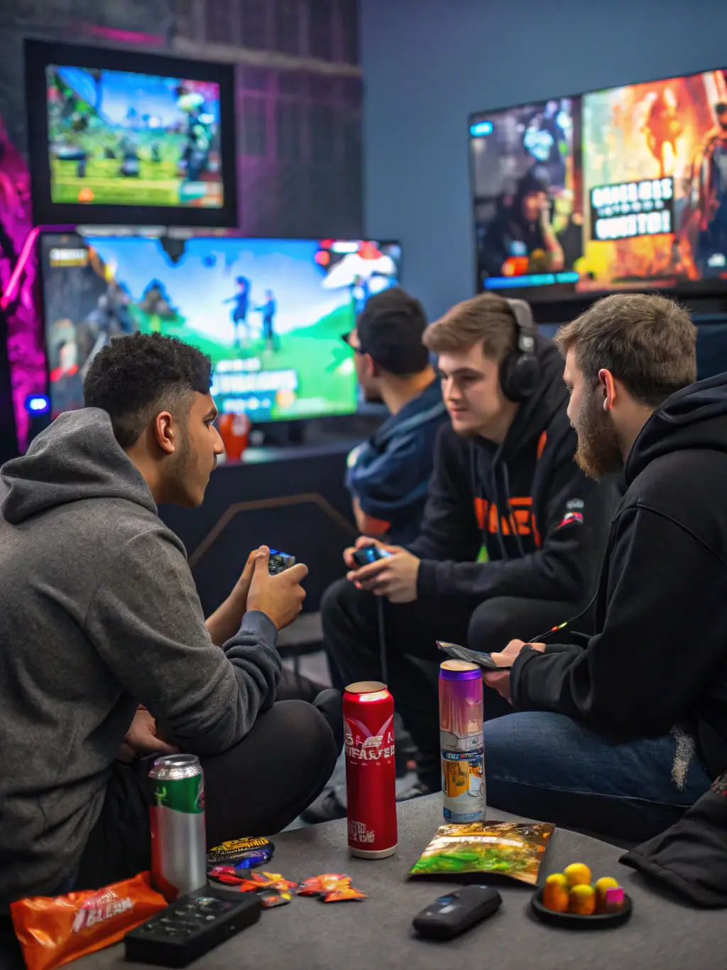 A diverse group of young esports players high-fiving each other after a successful match, symbolizing teamwork and camaraderie within ONI ESPORT.