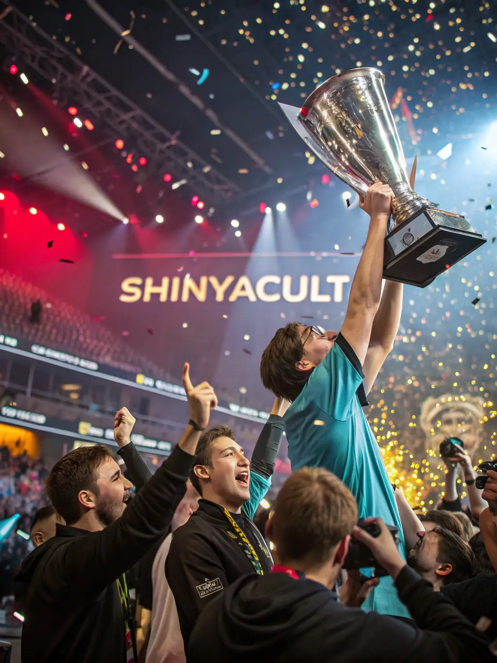 A high-energy esports tournament scene with young competitors, highlighting the excitement and competitive spirit of ONI ESPORT events.