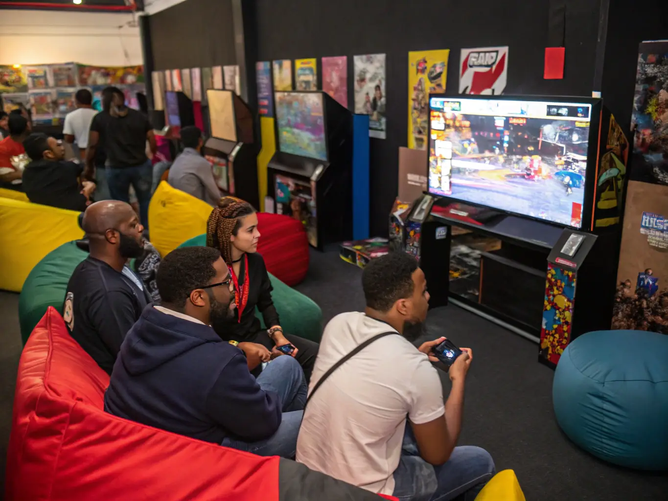 A diverse group of ONI ESPORT members laughing and interacting during a team-building activity, emphasizing the sense of community.