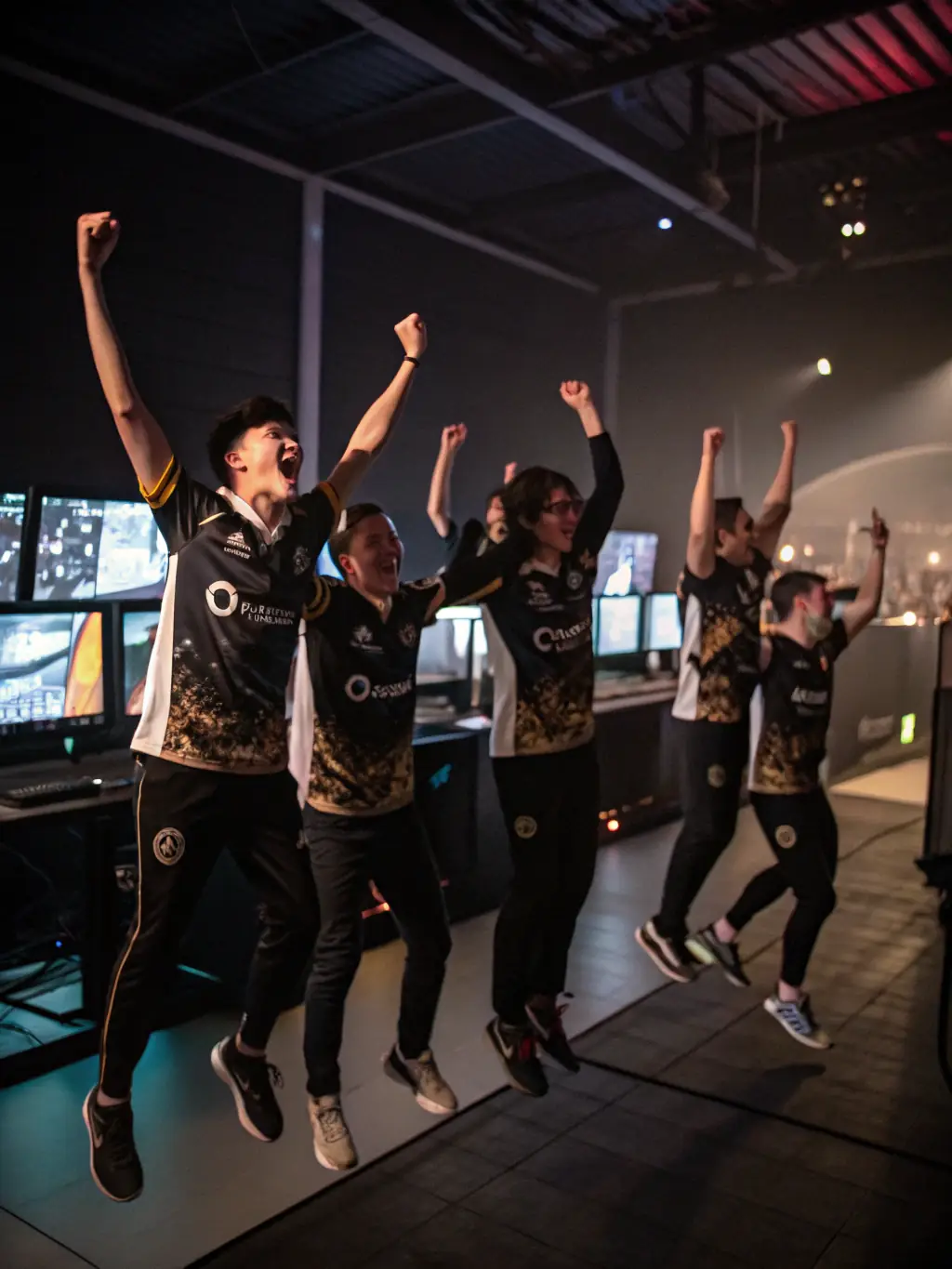 A group of young esports players celebrating a victory, showcasing the sense of community and achievement fostered by ONI ESPORT.