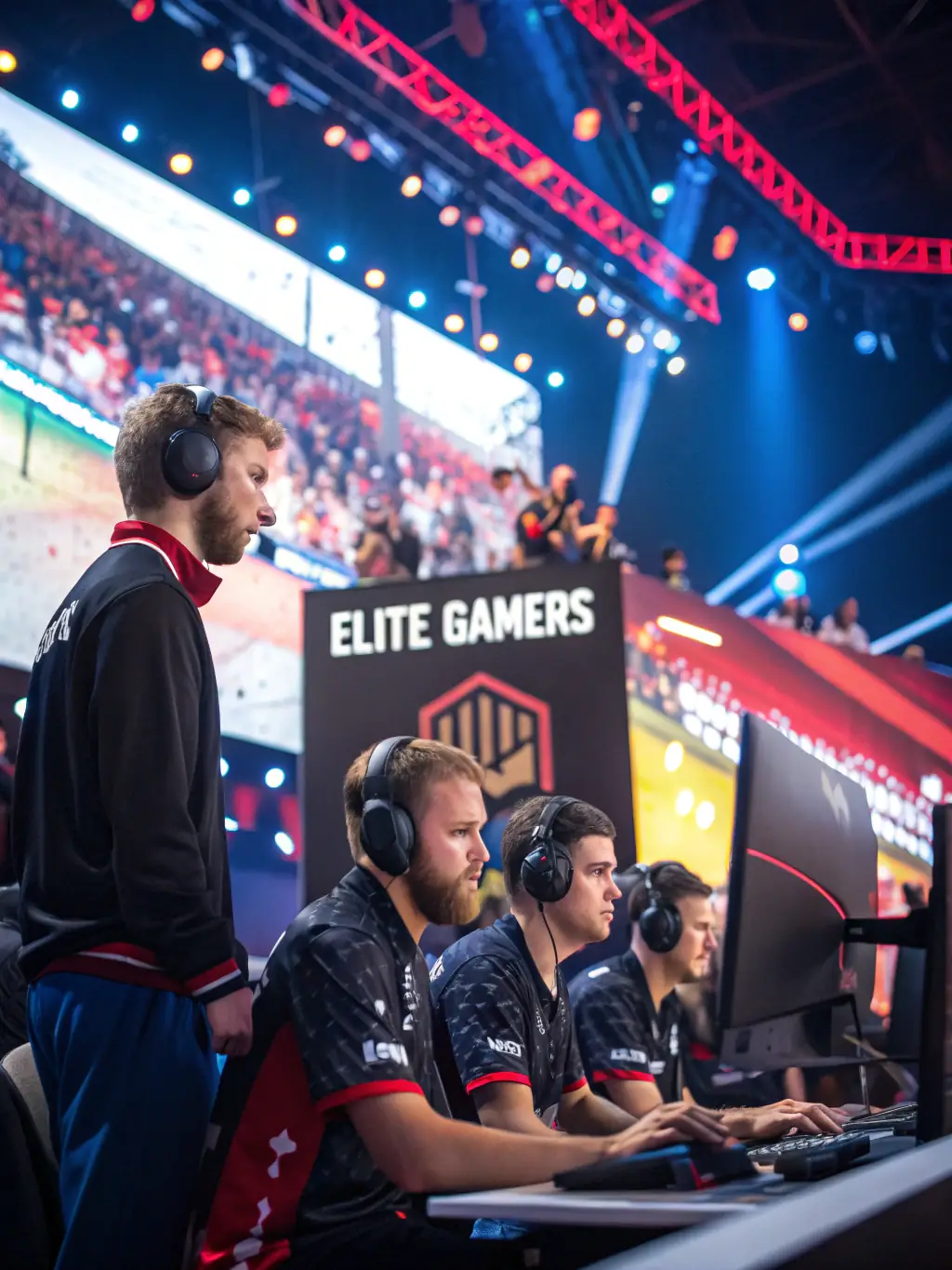 A diverse group of young esports athletes participating in a structured gaming session, showcasing teamwork and strategic thinking.