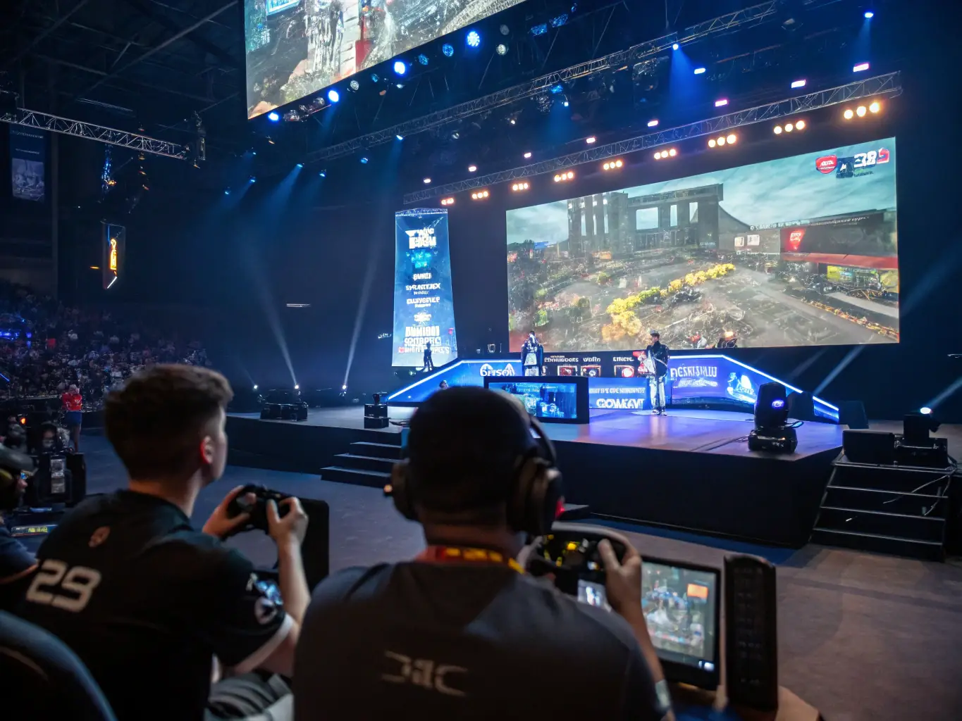 A group of young esports players intensely focused on their screens during a tournament, showcasing teamwork and concentration.